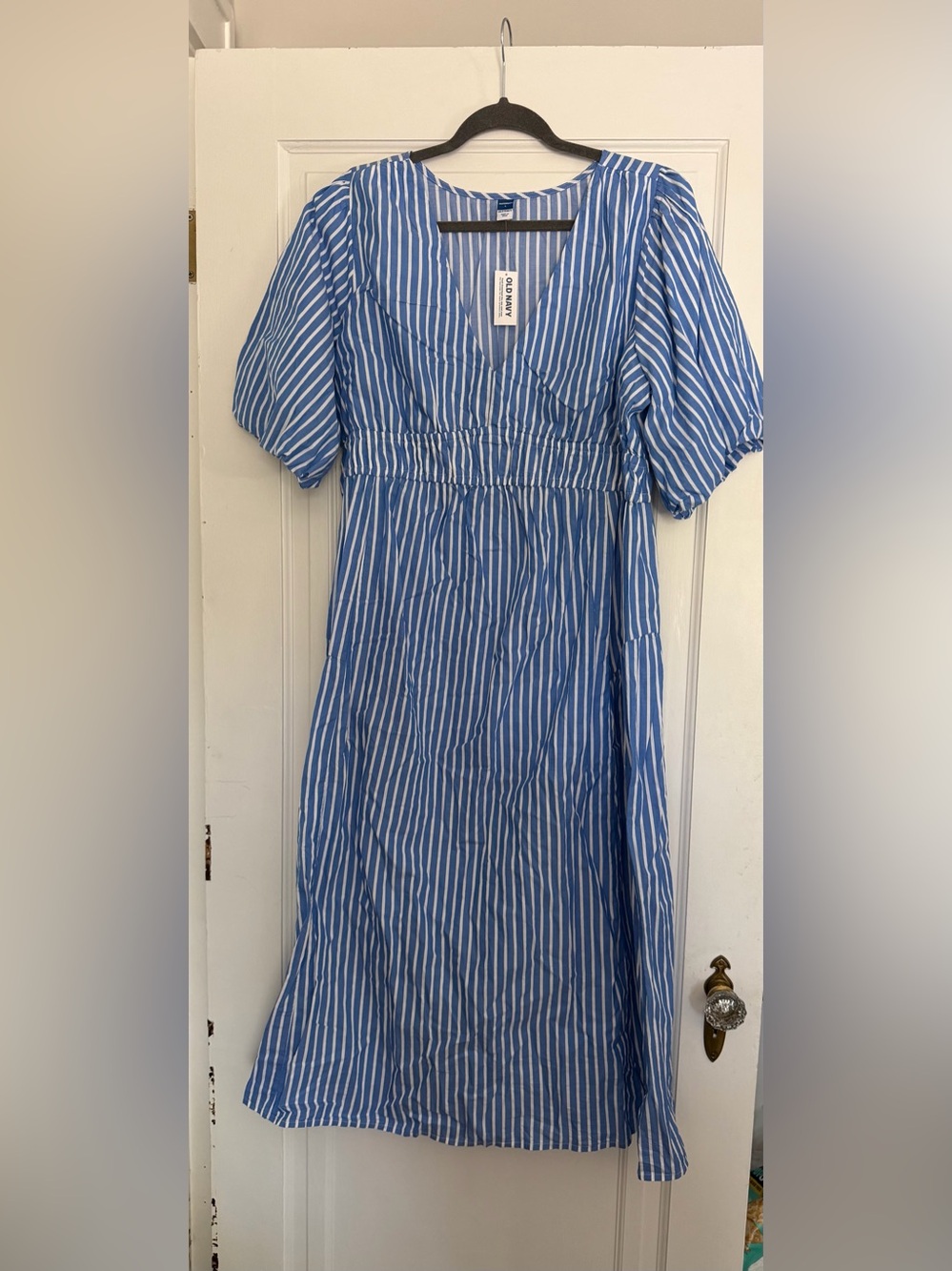 Old Navy Blue Stripe Puff-Sleeve Midi Maternity Dress NWT